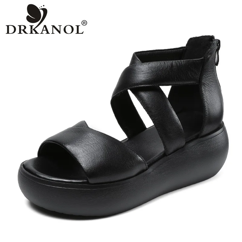 DRKANOL Handmade Retro Sandals Women Summer 2024 Cross Genuine Cow Leather Wedges Platform Gladiator Sandals Women Cool Boots