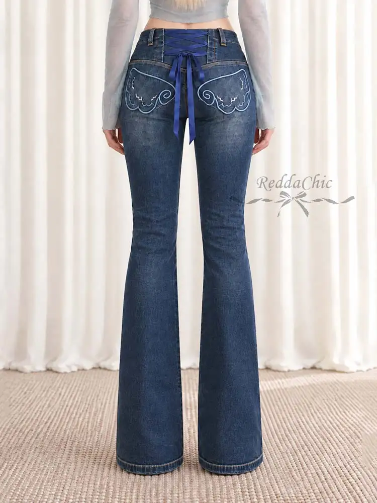 REDDACHiC Wing Embroidery Flared Jeans for Women Sexy Lace Trim Do Old Stretchy Low Waist Bootcut Denim Pants Korean Streetwear