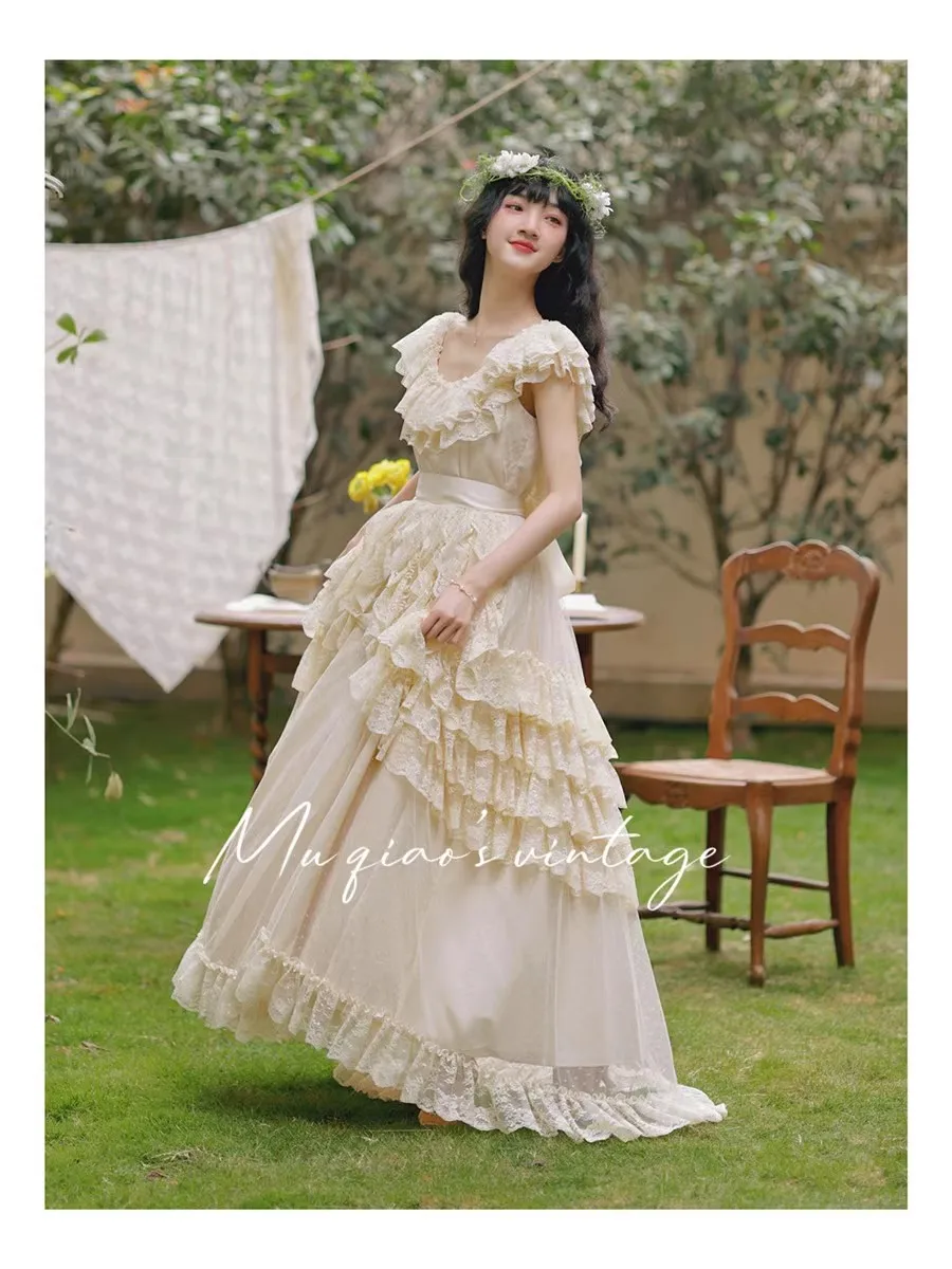 84-100cm Bust Spring Summer Original Design Women 1980s Vintage Inspired French Sweet Princess Layered Lace Dresses