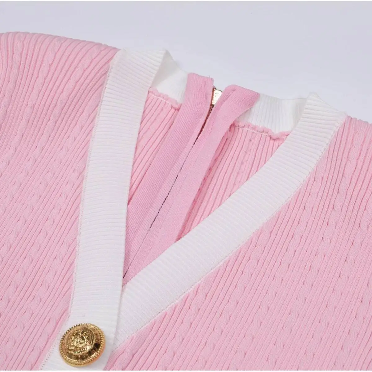 LEOSOXS Złote Sukienki Dzianinowe Jednorzędowe Różowe Dekolt V Damska Letnia Sukienka Krótki Rękaw Wąska Seksowna Spódnica Zamek Błyskawiczny Odzież