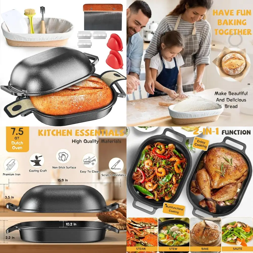 

Многофункциональная чугунная голландская духовка 7,5QT для выпечки хлеба, включая корзину для коннетона и основные аксессуары для выпечки