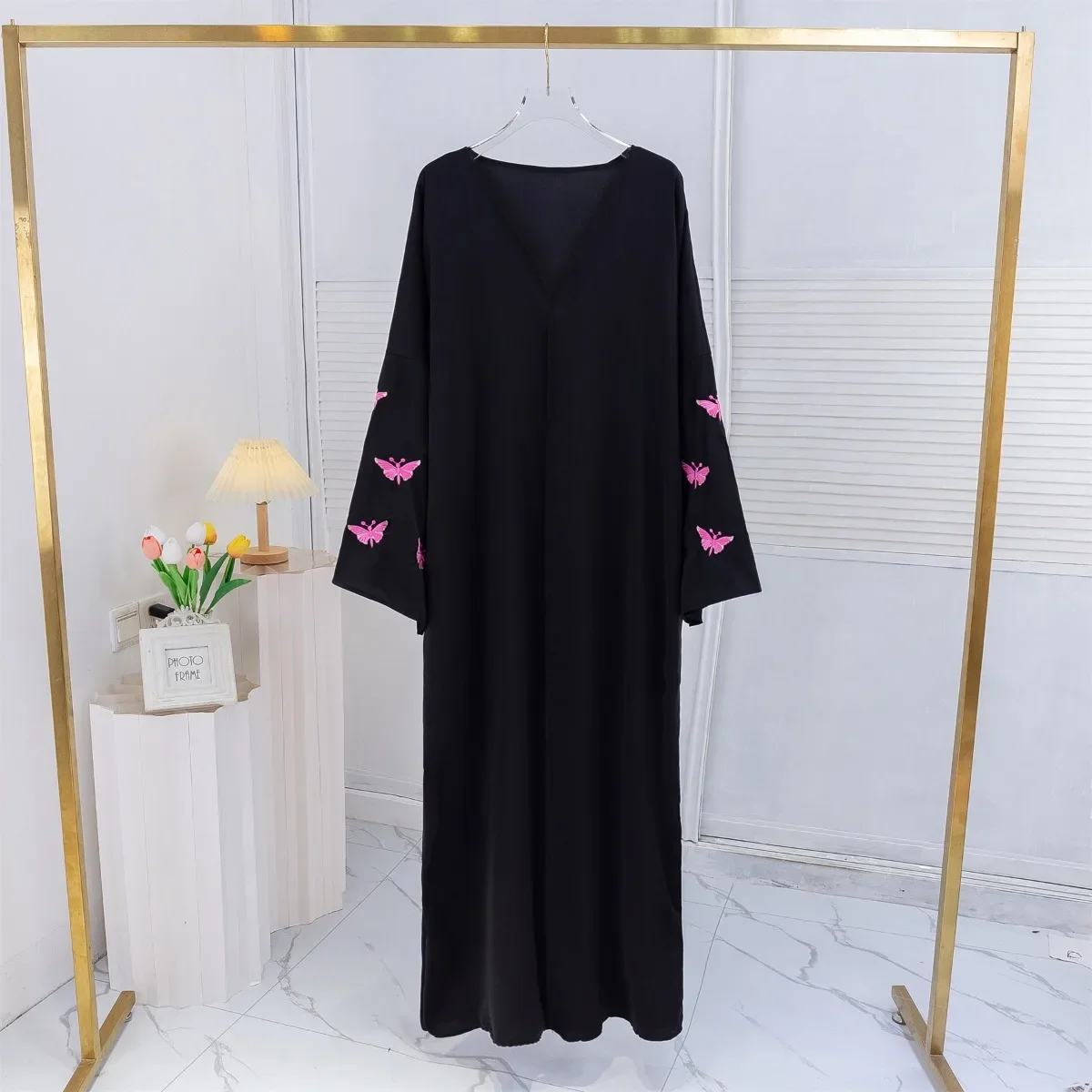 Open Front Abaya Women Long Sleeve Maxi Length Dress Butterfly Embroidery Muslim Abayas Kaftans Women Jilbabs Women\'s Clothing