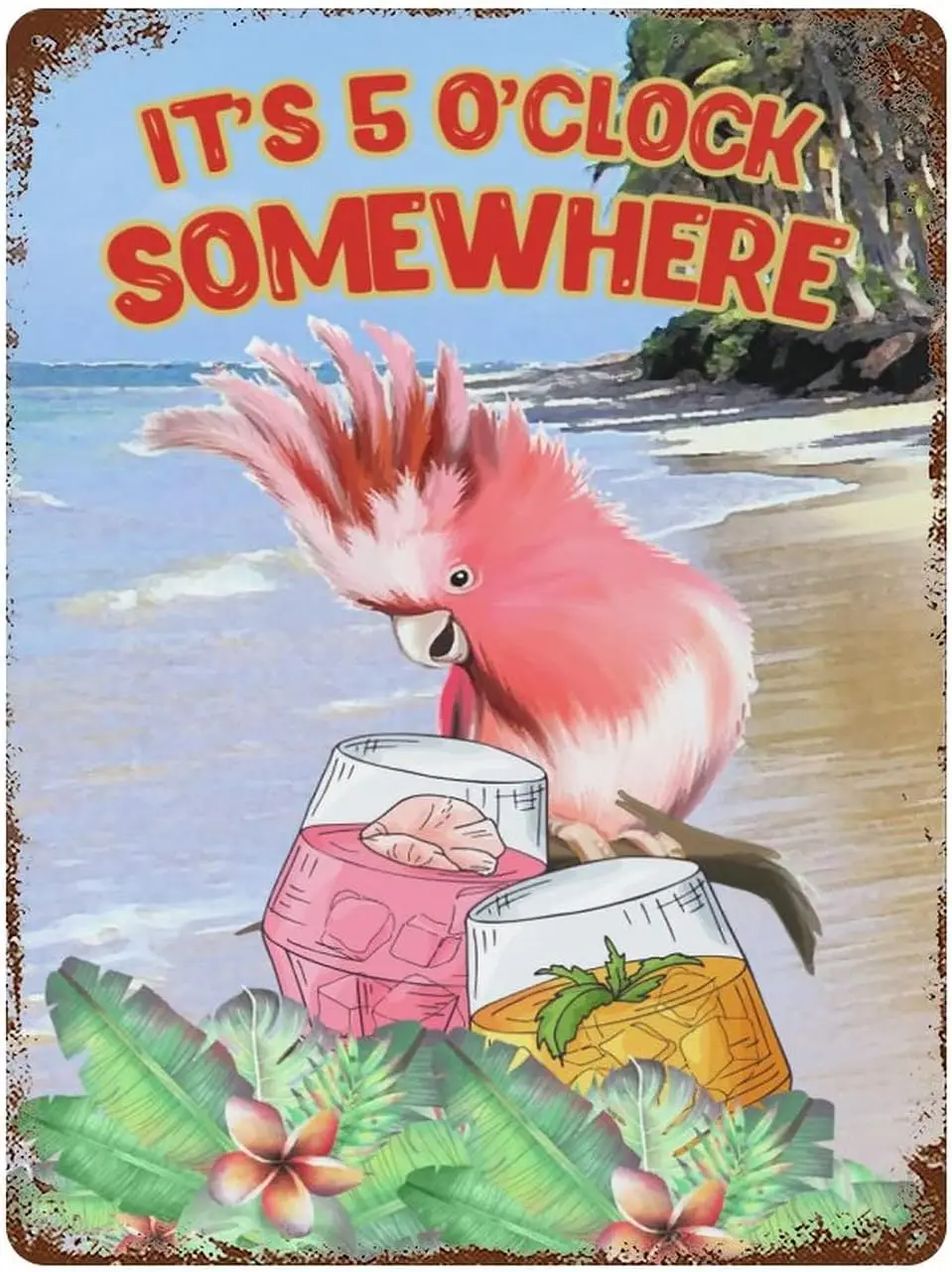 Happy Hour 16 x 12 Inch Metal Tin Sign, Its 5 OClock Somewhere Party Parrot Margarita Vintage Sign