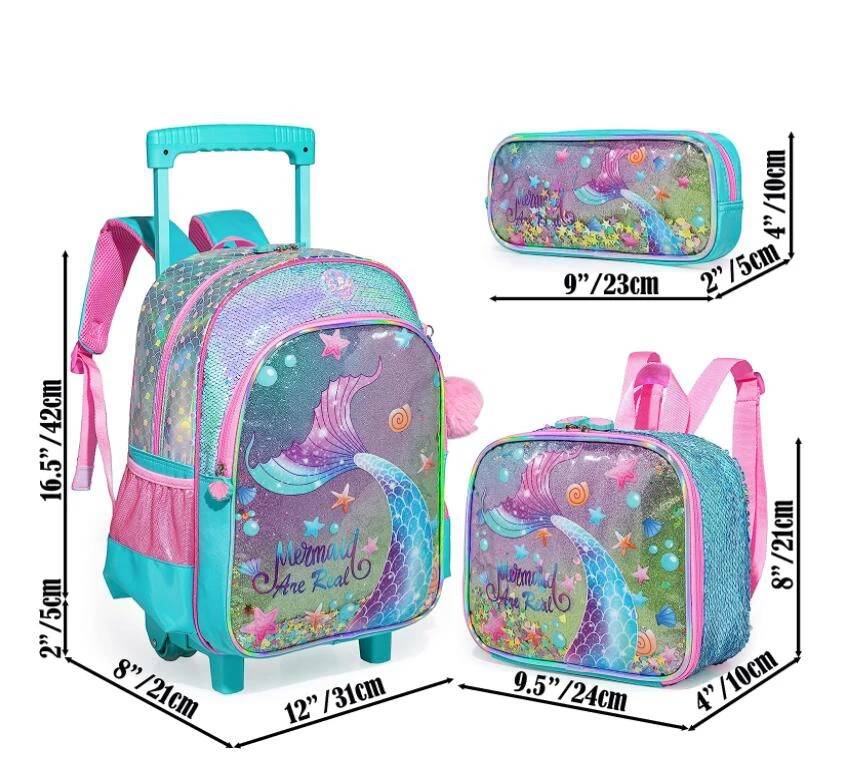 Kids School Roller 16 Inch School Sequin Rolling Backpack for Girls Travel Luggage Handbag Rolling Luggage Suitcase For Girls