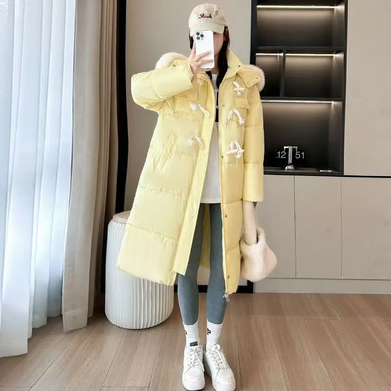 Chinese Horn Button Down Cotton-padded Jacket Women's Winter 2024 Long Over-the-knee New Fashion Loose Padded Fur Collar Coat