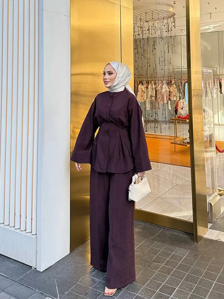 

Women's Waist Closed Trouser Suit Long Sleeve Button Pleated Blouse Wide Leg Pants Lady Set 2025 Street 2 Pieces Set Female