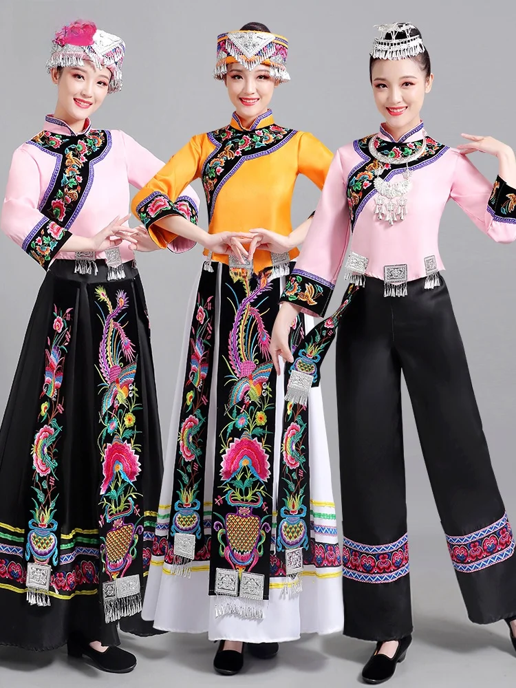 

Женский этнический костюм для выступлений, вышитый вручную в стиле деревень Мяо, Яо, Чжуан, Туцзя, традиционная китайская одежда для меньшинственных народов