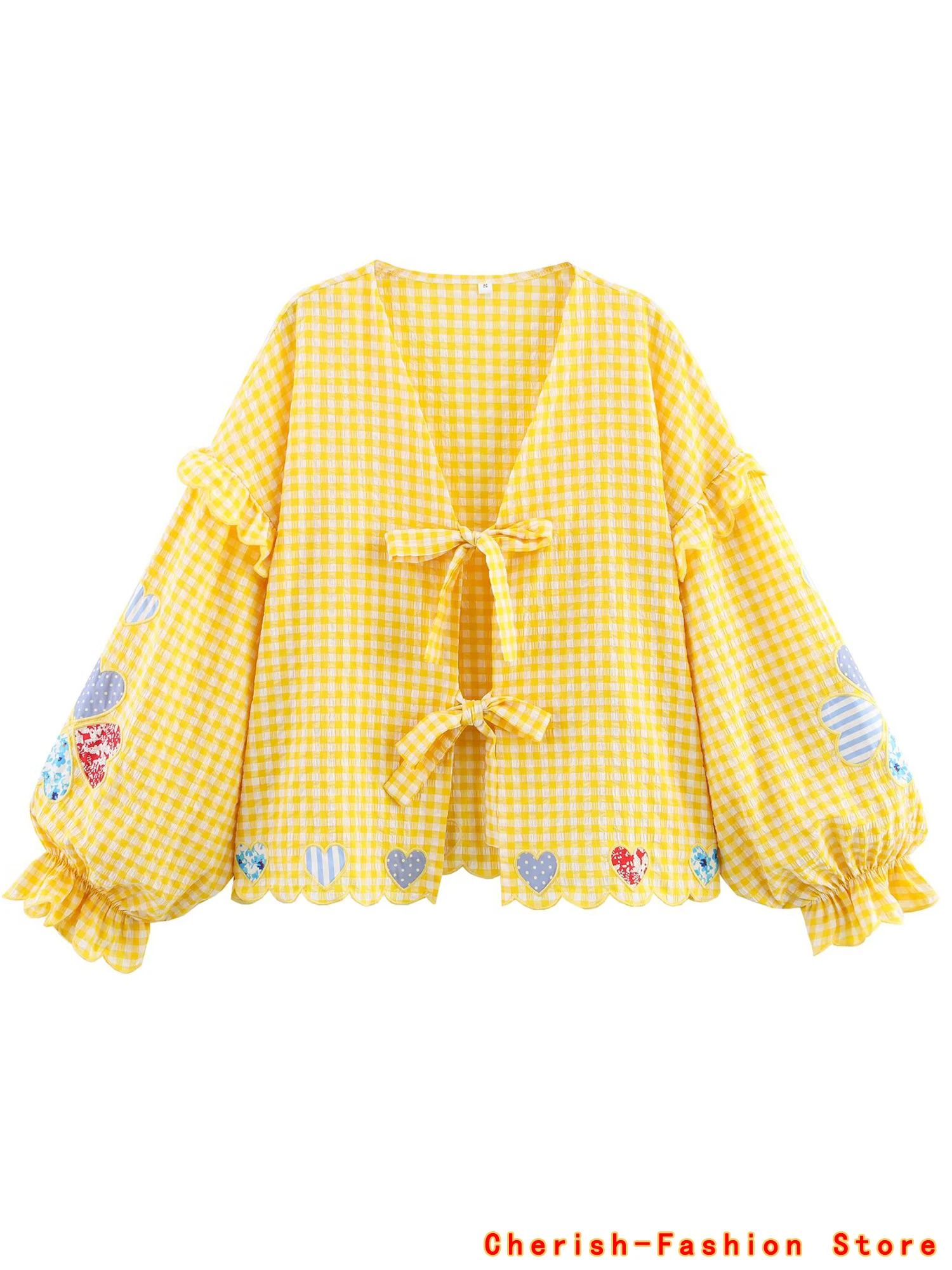 Plaid Tops Heart shape embroidery Shirt Women Ladylike Style Blouses Shirt Lace-up decoration Woman Shirts And Blouses Tops Hot