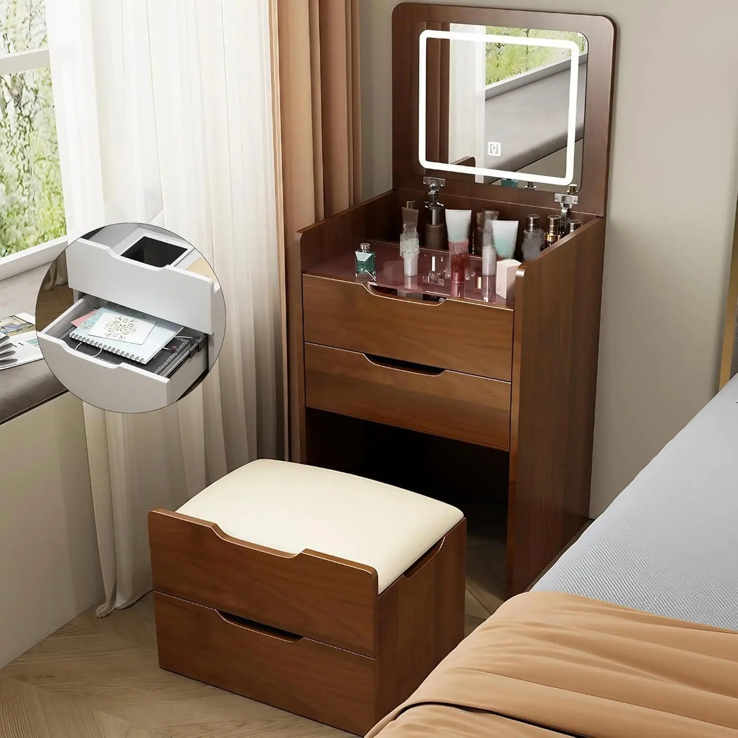 Flip Top Vanity Desk & Stool Set, LED Lighted Mirror, 3 Drawers Storage, Bedroom Makeup Dressing Table, Walnut, Customized