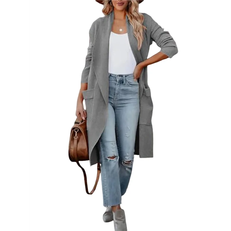 

B50B-Women's Open Front Knited Loose Cardigan Casual Long Sleeve Draped Knit Pockets Long Jackets Sweater Grey XXL