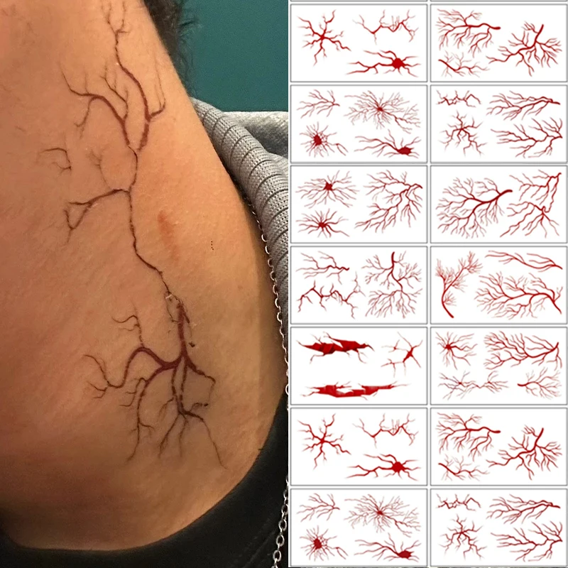 10Pcs/set Red Blood Vessel Pattern Temporary Tattoo Stickers Waterproof Halloween Face Arm Body Art Fake Tattoo for Women Men