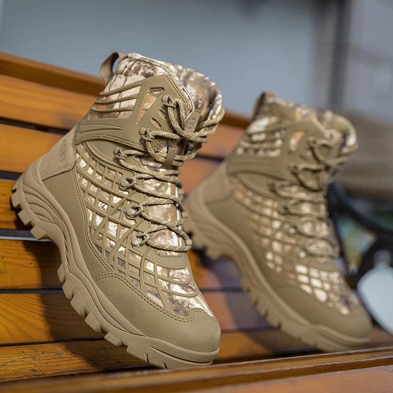 

High Top Hiking Shoes Men Leather Waterproof Desert Combat Training Boots Anti-slip Tactical Boots Outdoor Men Motorcycle Boots