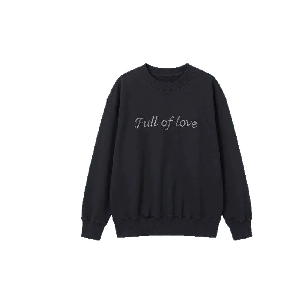Luxury Black Rhinestone English round Neck Sweatshirt Loose Fit Unisex Comfortable Long Sleeve Casual T-Shirt for Teens