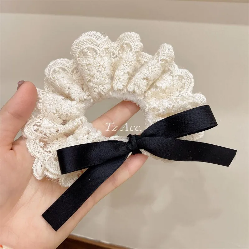 Delicate Sweet Lace Bow Scrunchies for Women Korean Embroidery Hollowed Ruffled Elegant Temperament Ponytail Hair Band Headdress