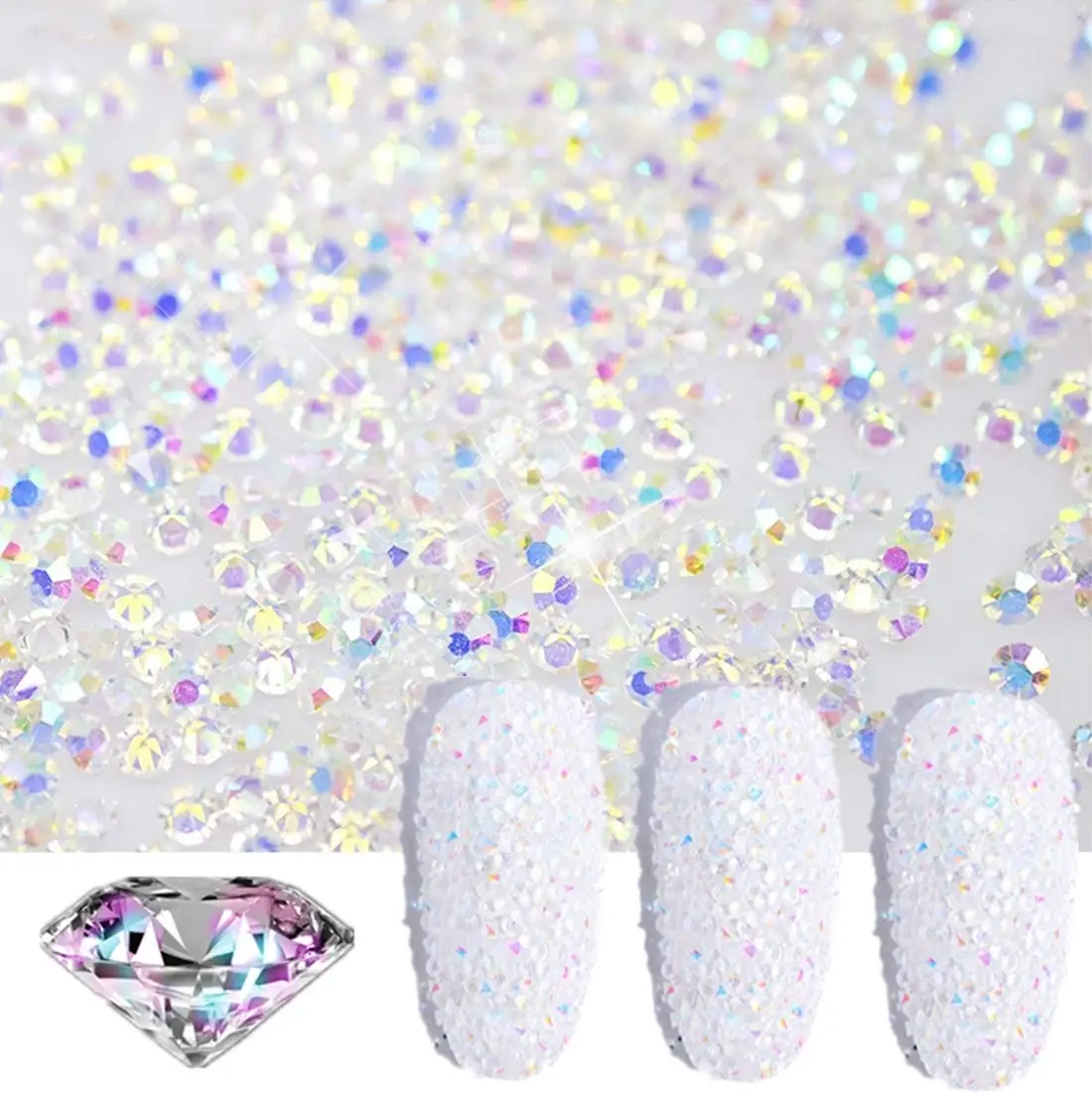 6IN1Bag Mixed Crystals Micro Rhinestone Sharp Bottom Glass Sand 1.3mm Mini AB Iridescent Nail Art Diamond For Nail Art Decortain