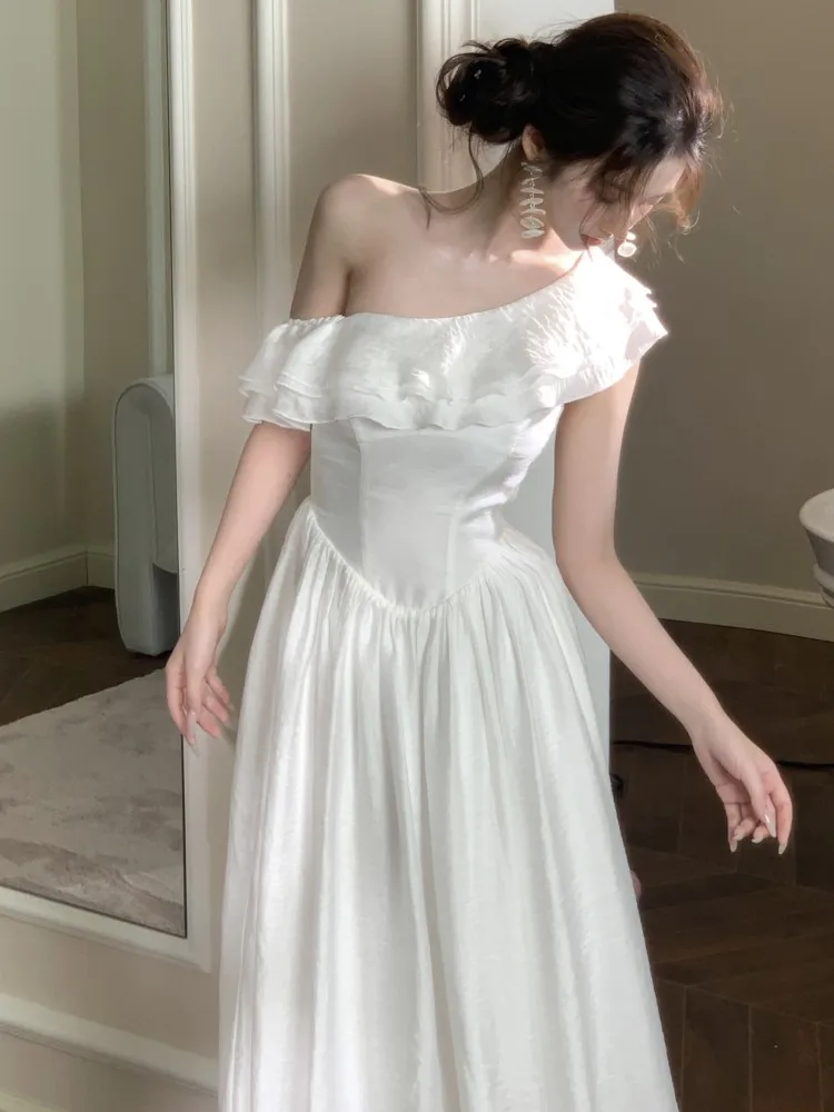 妖精エレガントなフリルパーティードレス女性無地 A ライン誕生日傾斜肩イブニング韓国ウエディングドレスホリデー女性ローブ