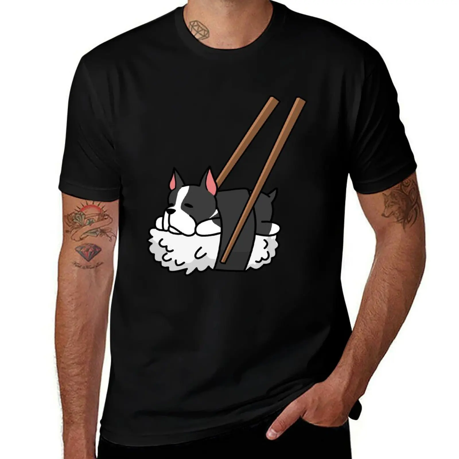 Funny Sushi Boston Terrier T-Shirt Large Size Soft Cotton T-Shirt