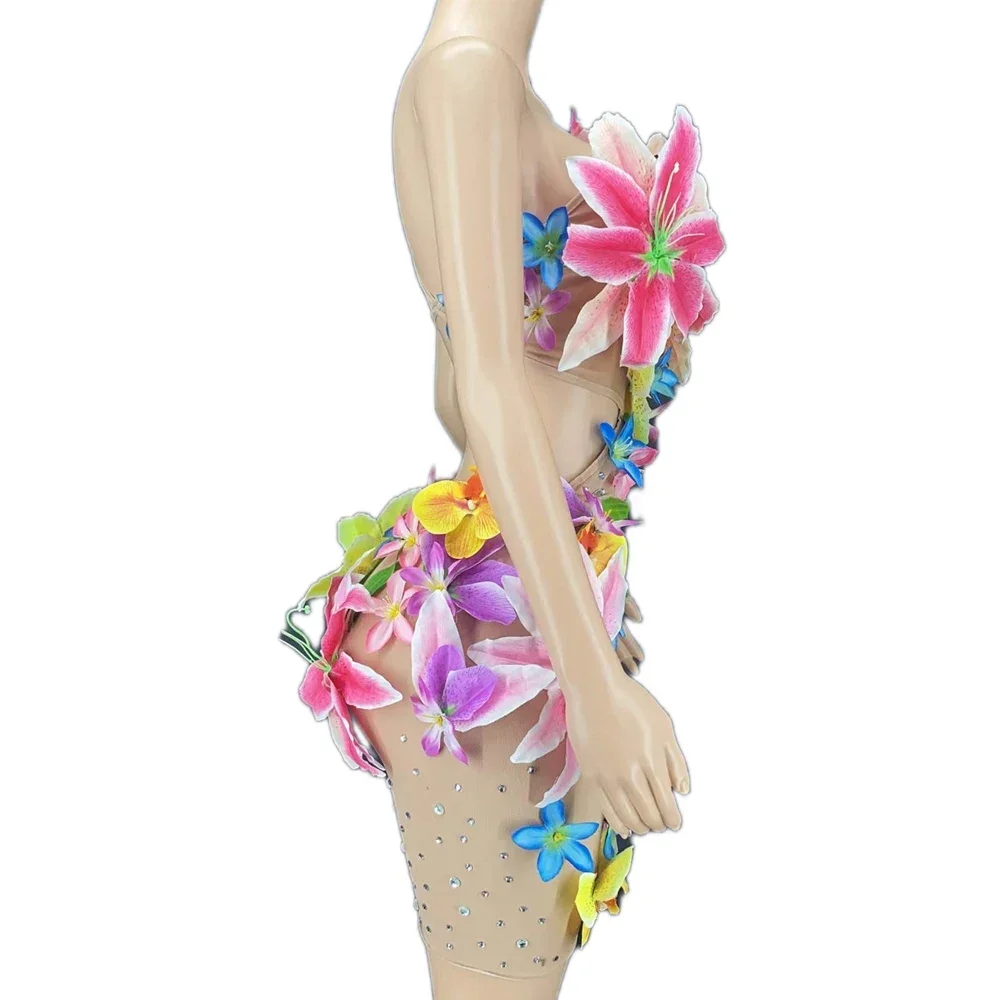누드 라인스톤 플로럴 백리스 섹시 여성 드레스 패션쇼 모델 공연 드랙퀸 의상 파티 클럽 레이브 페스티벌