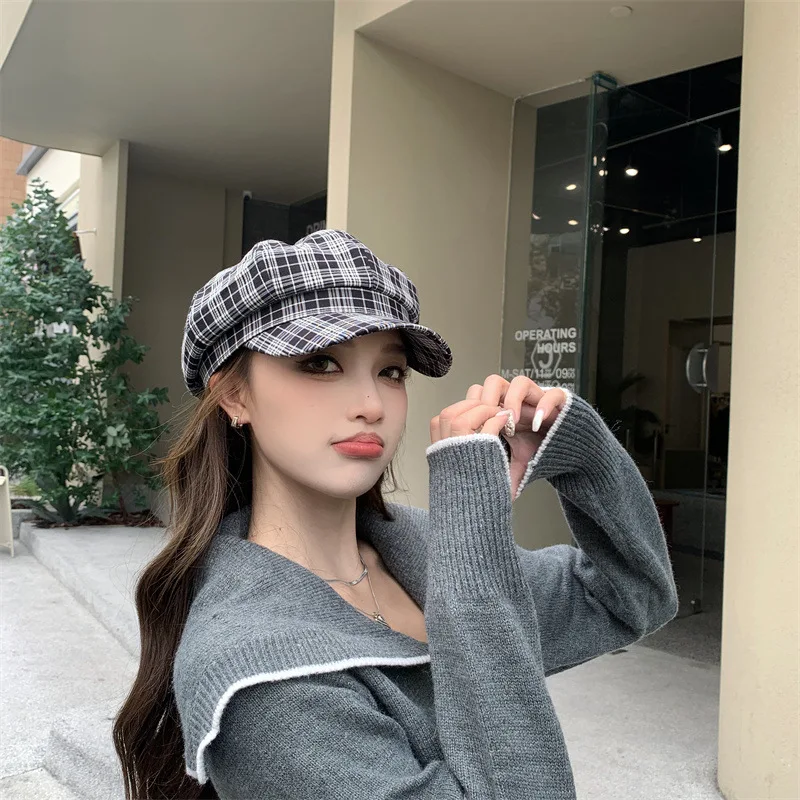 Retro checked octagonist painter Breda hat female fashion British autumn peaked cap