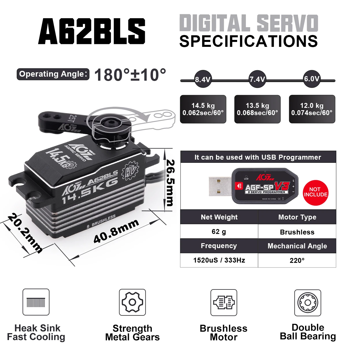 AGFRC A62BLS Heat Sink Case 0.062Sec Super Speed 14.5KG Short Programmable Brushless Digital Servo for RC Drifting Car