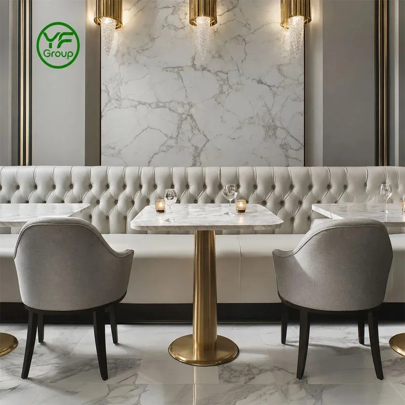 Factory Custom Restaurant Furniture White Leather Booth Seating Set with Stone Tables Metal Chairs for Cafe Hotel Lounge