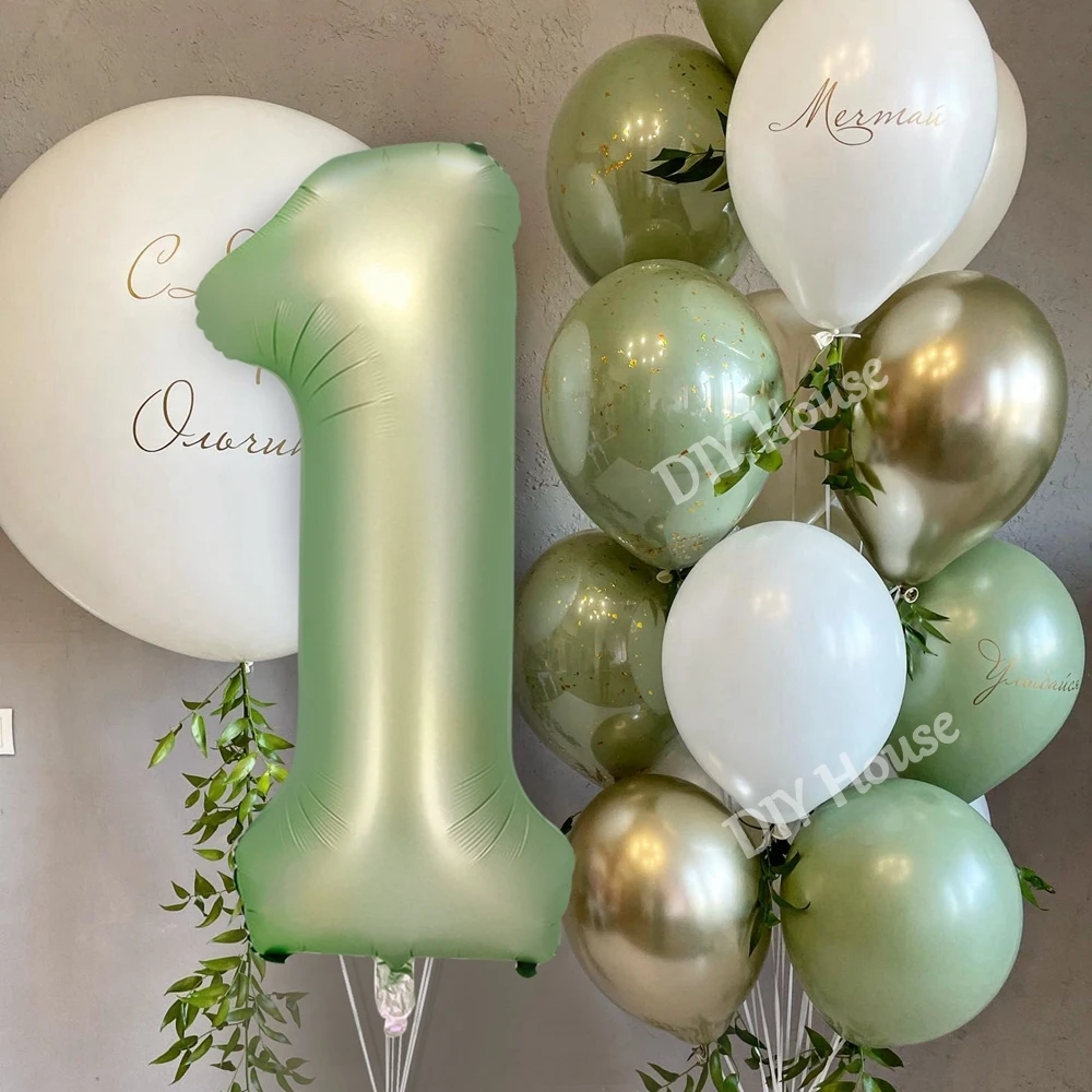 32/40inch Vintage Green Number Balloon Retro Green Balloons Set for Baby Shower Adults Kids Happy Birthday Party Decorations