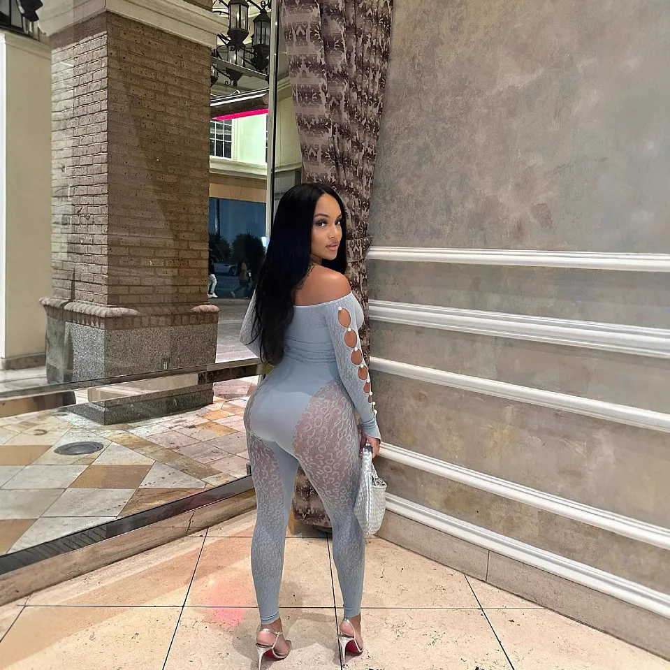 مثير ليوبارد طباعة التطريز قطعة واحدة اللؤلؤ صافي الملابس مرونة عالية الشارع نمط السائق الأزياء تسعة الأكمام طول Summe... #4