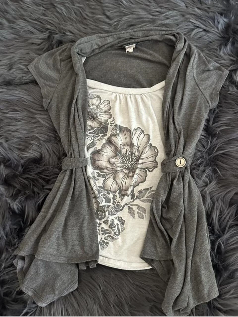 Y2k Retro Two-piece short sleeve women sketch Flower Print Square Collar Inner Set+Waist Cinching Tie Up Cardigan Spicy Girl Set