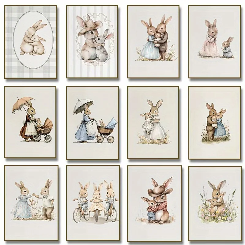1pc Frameless Retro Rabbit Canvas Art Printing,Antique Family Mother and Rabbit Illustrations,Farmhouse Wall Decor for Family