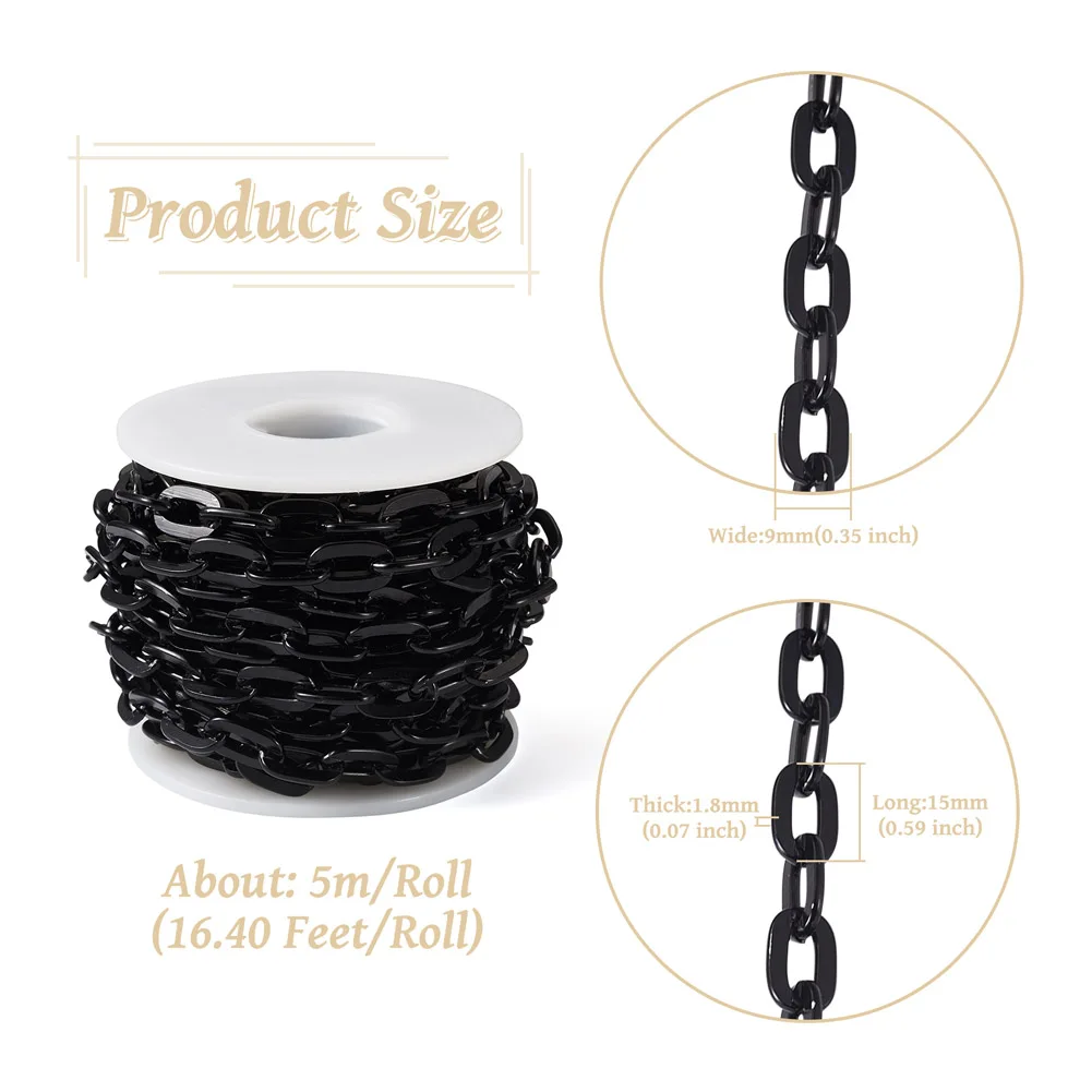 Black Aluminium Cable Chains Unwelded Flat Oval Shape for Jewelry Making DIY Bracelet Necklace Accessories 9x1.8x1.5mm about 5m