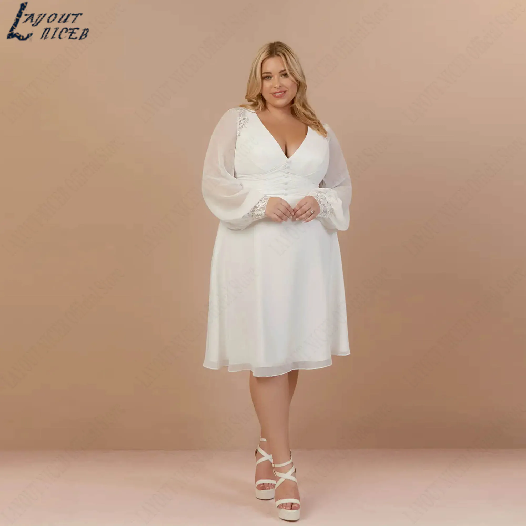 Plus Size Little White Dress Chiffon A-line V-neck Midi Wedding Gowns for Bride Long Sleeves Modern vestidos de novia Customized