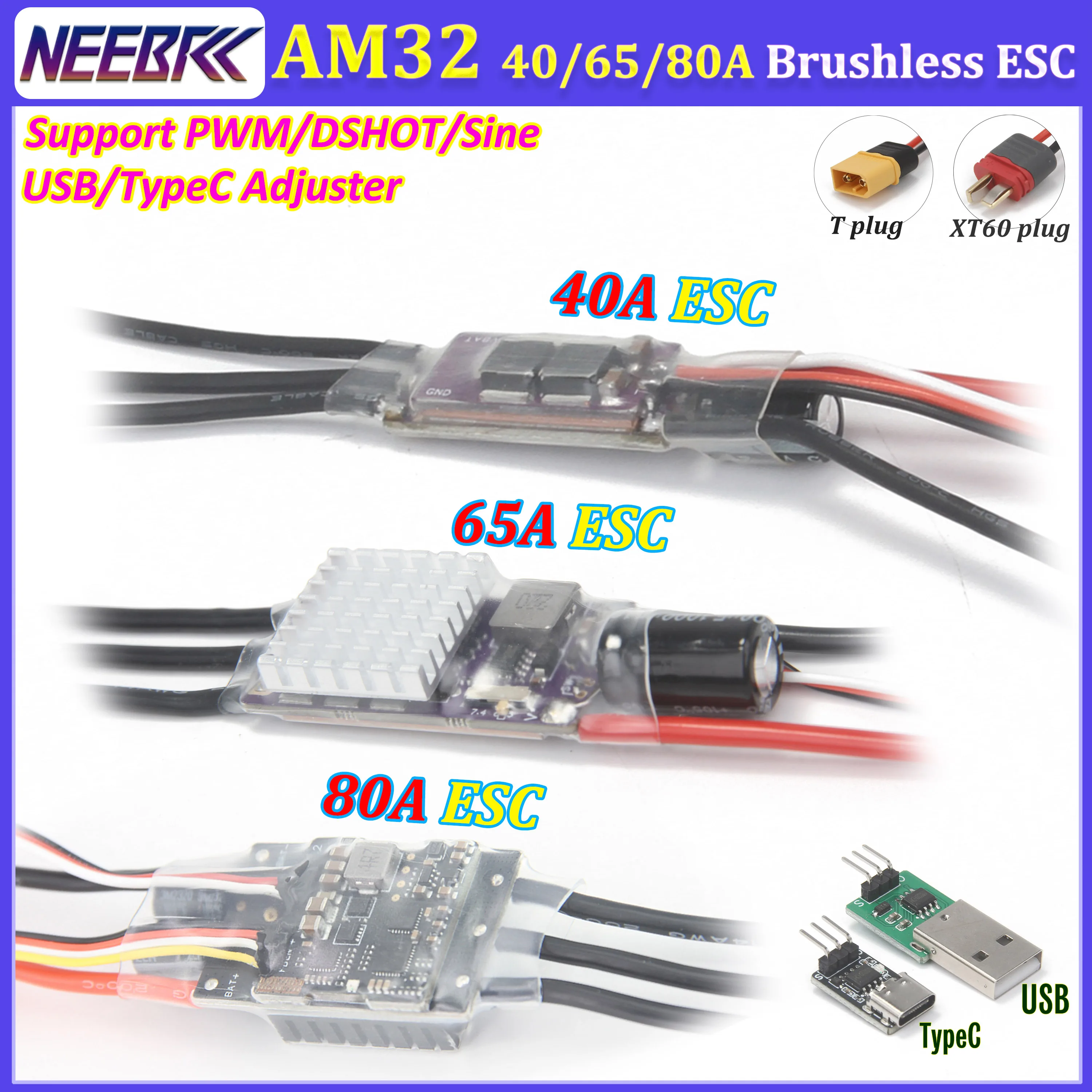 NEEBRC AM32 40A 65A 80A Brushless ESC Signal Support PWM/DSHOT/Sine Speed Controller USB/TypeC Adjuster for RC Drone Plane Car