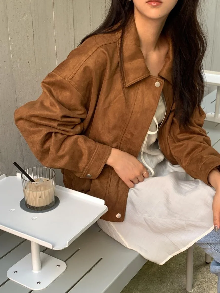 

Свободная замшевая мотоциклетная куртка с воротником-молнией в стиле ретро, длинная верхняя одежда для женщин, шикарная осенне-зимняя одежда для поездок на работу