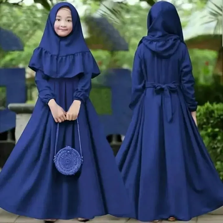 

2025 Muslim Kids Girls Prayer Dress Hijab Abaya Robe Arab Dubai Children Ramadan Kaftan Headscarf Islamic Party Gown 4 8 12 year