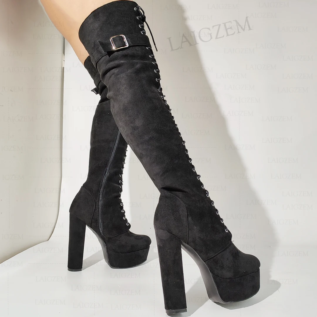 LAIGZEM Women Over Knee High Boots Platform Faux Suede Thick High Heels Boots Handmade Ladies Shoes Woman Big Size 42 43 45 52