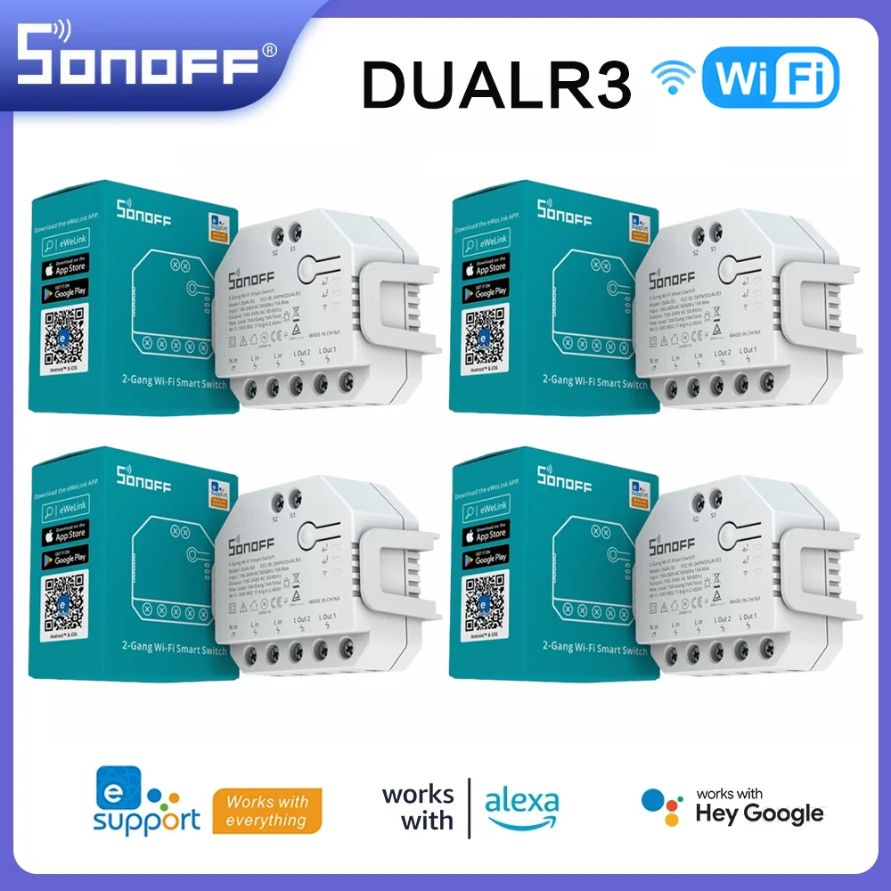 SONOFF DUALR3 2 Gang Dual Relay Module DIY MINI Smart Switch Power Metering Smart Home Via EWeLink Alexa Google Yandex Alice