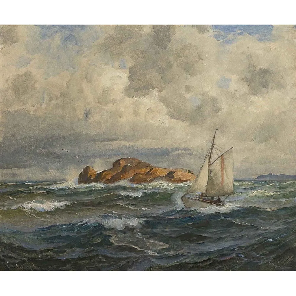 

100% seascape With Boat By Thorolf Holmboe Hand-painted impressionist texture wall art Home decoration picutre for living room