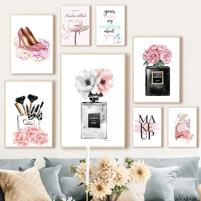 Modern Wall Picture Fashion Nail Polish Perfume Bottle Pink Flowers Posters Canvas Painting for Girl Bedroom Home Decor Cuadros