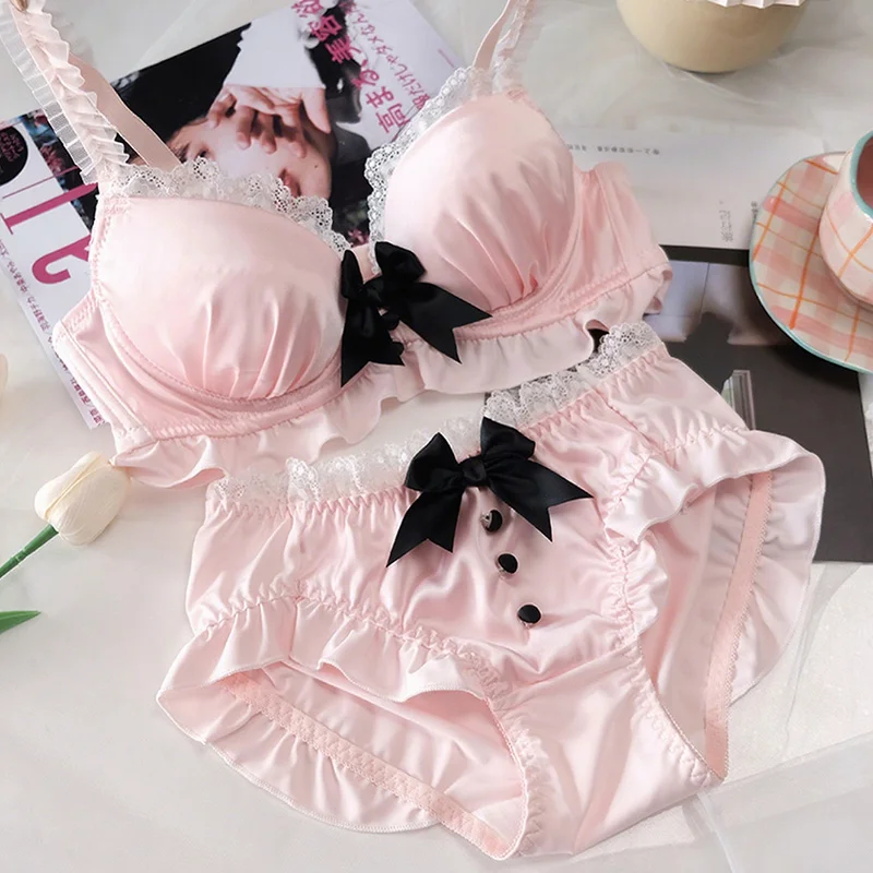 Kawaii Japonská Lolita Spodní Prádlo Set - Roztomilý Kryt Podprsenky s Mašličkou a Kalhotky Pro Malý Hrudník, Čistě Sexy Podprsenka S Přívěsky na Košíčky pro Dospívající Dívky - náhled 2