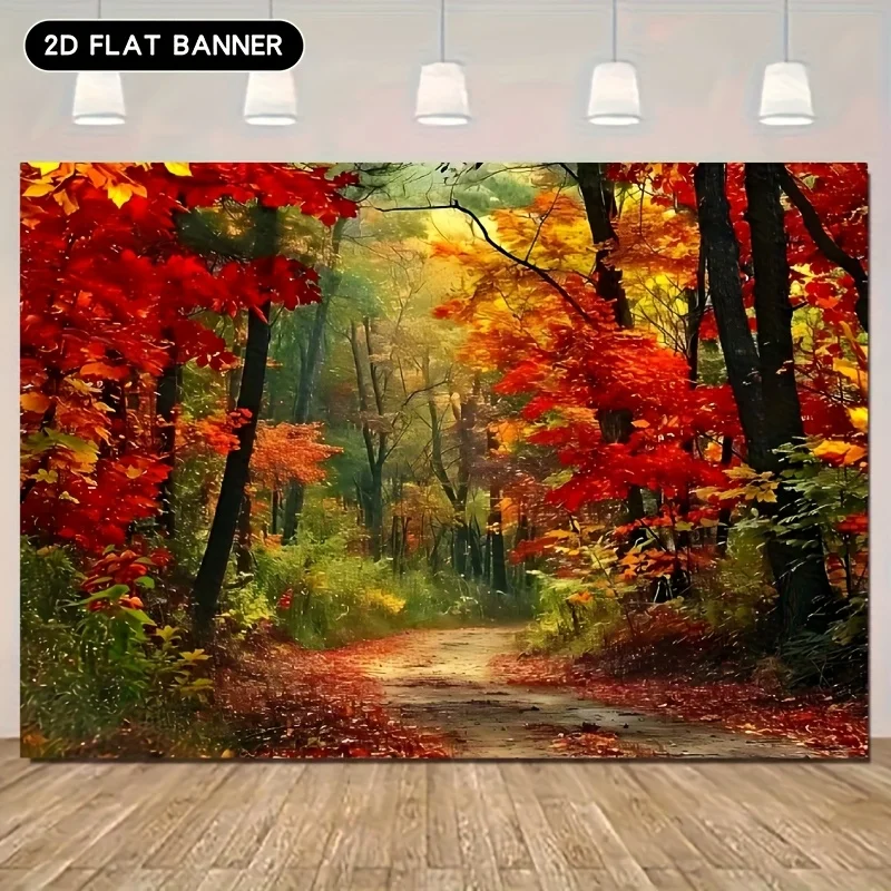 Autumn Forest Path Tapestry Red Orange Leaves Sunlight Through Trees Flat Nature Wall Art Fall Season Decor Cozy Indoor Backdrop