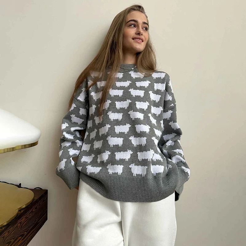 TARUXY Autumn New Round Neck Alpaca Print Sweater For Women Loose Casual Sweater Pullover Fashion Long Sleeve Knitted Top Female