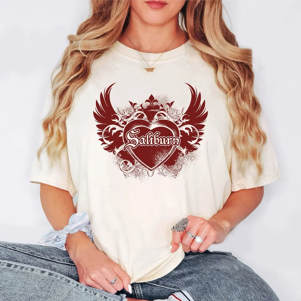 Vintage Saltburn Movie Inspired T Shirt Poster Heart Wings Bathtub Jacob Elordi Barry Keoghan