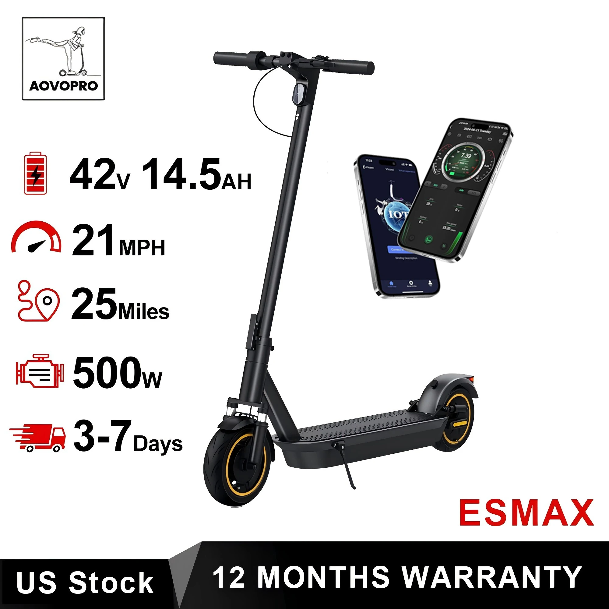 

AOVOPRO Новый электрический самокат ESMAX 500 Вт, 35 км/ч, приложение для взрослых, умный скутер, амортизирующий противоскользящий складной электрический самокат