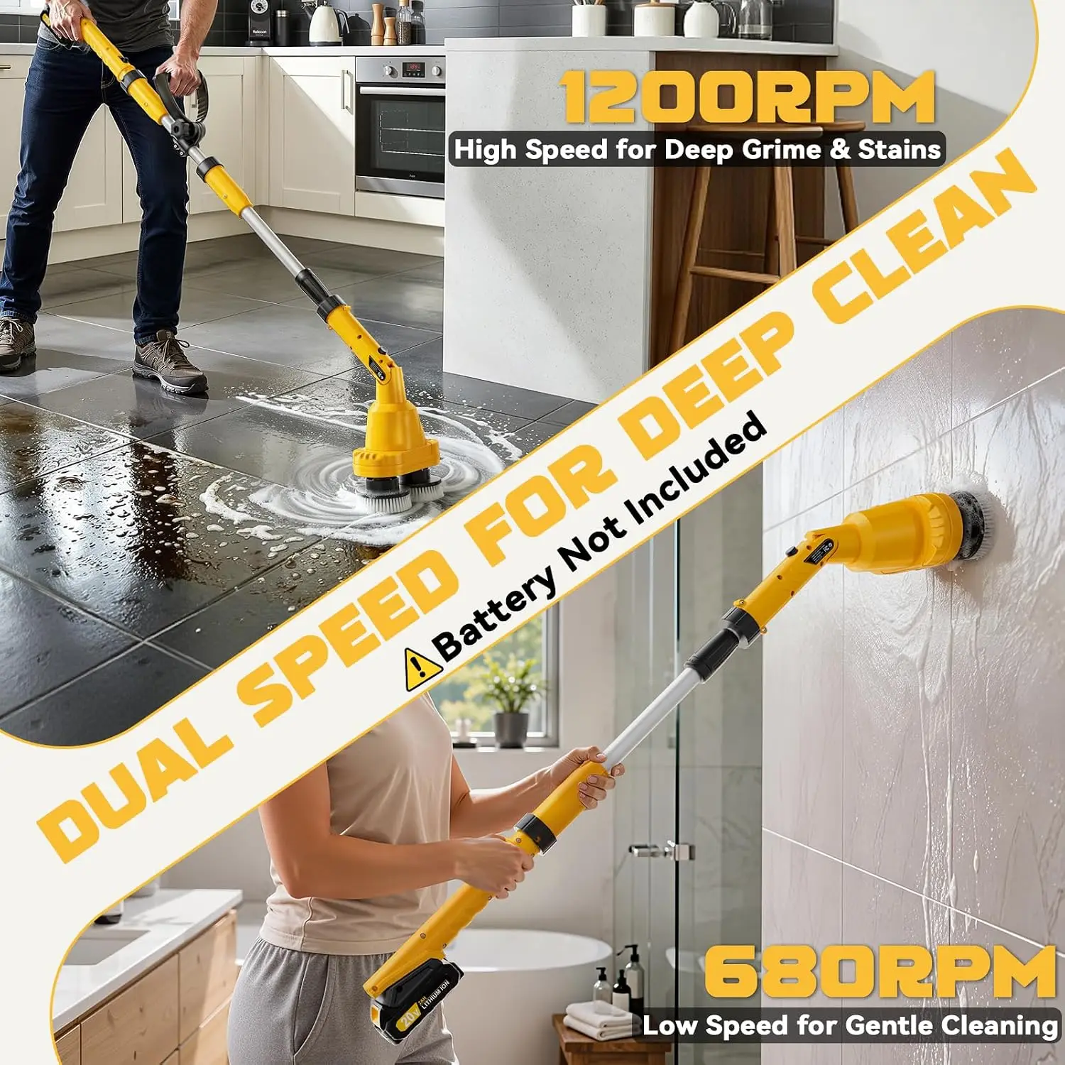 Electric Spin Scrubber Kit, Cordless Battery Electric Mop, Dual-Head Power Scrubber, 680/1200 RPM, 45° Adjustable Head, Extendab