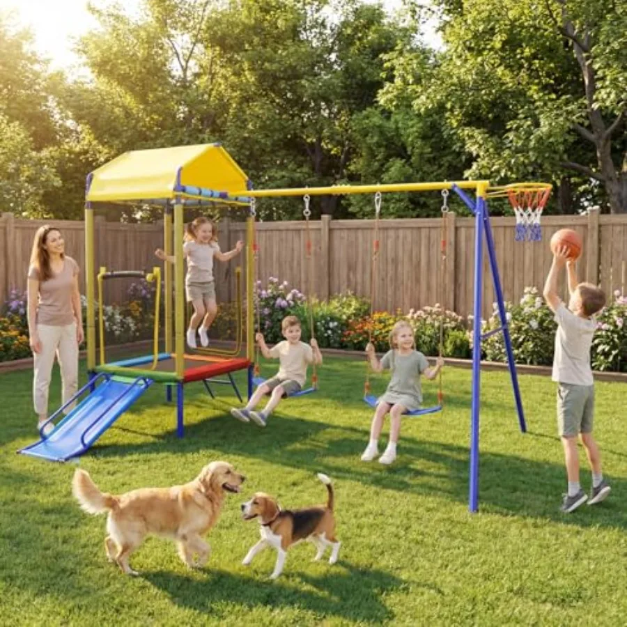 Backyard 5-in-1 kids swing set with trampoline roof: heavy-duty A-frame metal blue and red weather-resistant powder-coated stee