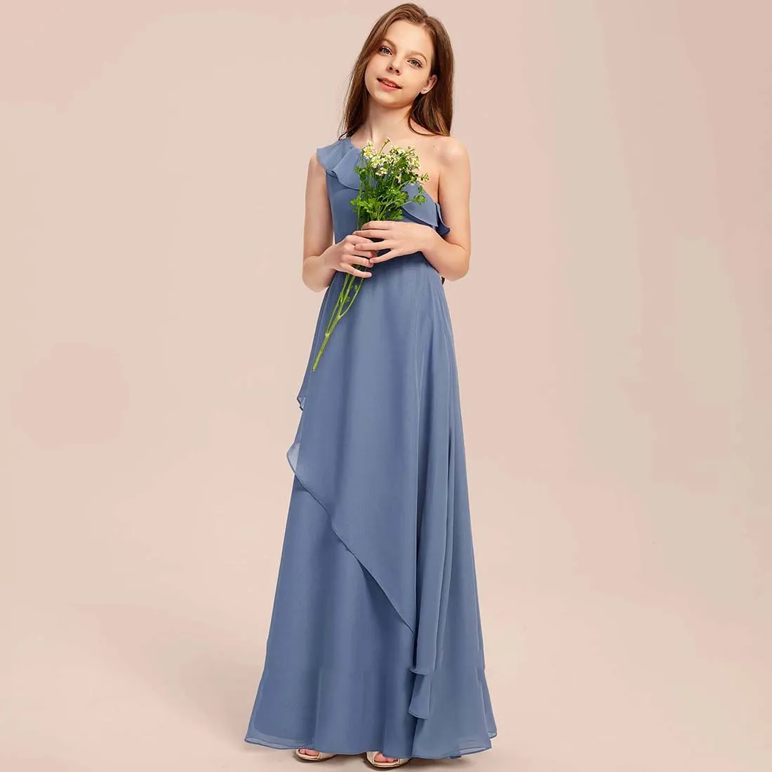 YZYmanualroom Chiffon Junior Bridesmaid Dress A-line One Shoulder Floor-Length 2-15T