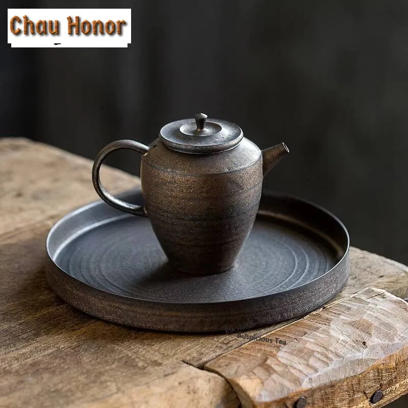 Handmade Iron Glaze Coarse Pottery Pot Bearing Holder Retro Dry Brew Table Tea Tray Refreshment Fruit Plate Tea Services Craft
