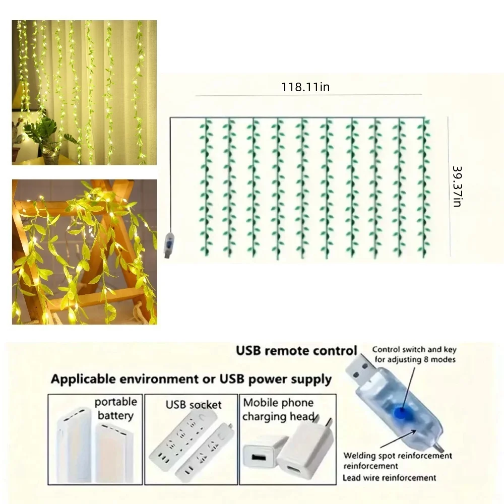 1 قطعة 3*1M100LED USB ضوء ستارة أوراق الصفصاف الاصطناعية الإبداعية ، 8 أوضاع وامضة ، تستخدم للشرفات ، ديكور غرف المعيشة