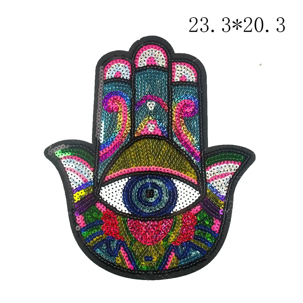 Sequin Hand of Fatima Embroidery Patches Large Size Evil Eye Sew on Applique for Clothing Accessories Sewing Supplies Bag Badge