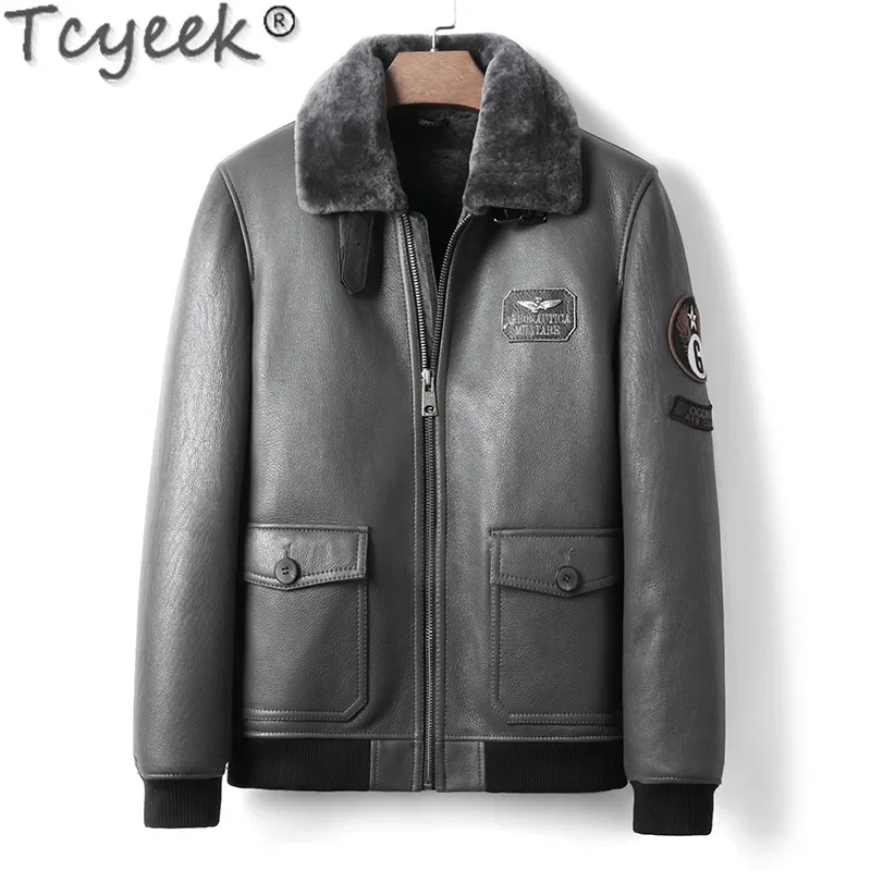 Tcyeek Genuine Leather Man Jackets Warm Real Fur Coat Natural Sheepskin Fur Mens Coats Winter Clothes Motocycle Jacket Slim Fit